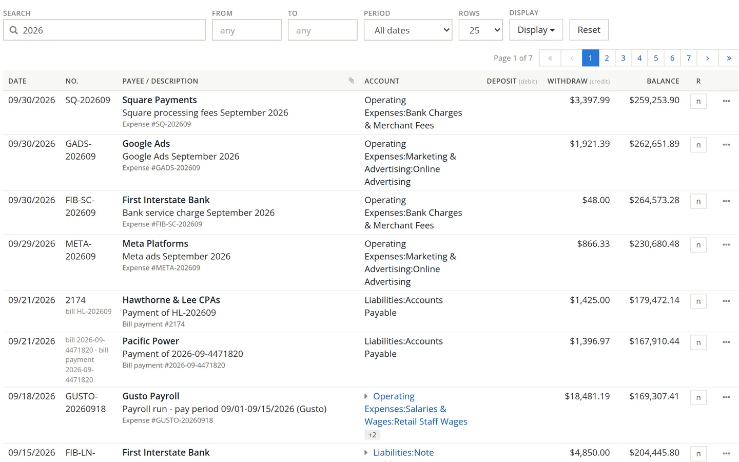 A BizBooks360 bank register for a sample company's operating checking account, showing each payment, the account it went to and the running balance.